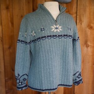 Vintage Lands' End 100% Wool Rib Knitted Blue Snowflake Nordic Sweater PL